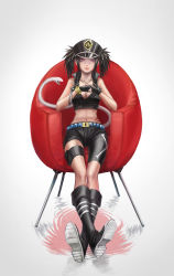 Rule 34 | 1girl, armchair, bad id, bad pixiv id, bangle, beros, black gloves, black hair, blood lad, boots, bracelet, breasts, chair, cleavage, collarbone, crossed legs, fingerless gloves, gloves, hat, highres, infukun, jewelry, lips, looking at viewer, midriff, navel, necklace, own hands together, peaked cap, purple eyes, red upholstery, sitting, smile, snake head tail, snake tail, solo, tail, tattoo, thigh gap, thigh strap, twintails
