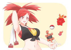Rule 34 | 1girl, arm behind head, badge, breasts, creatures (company), flannery (pokemon), game freak, gen 2 pokemon, gen 3 pokemon, gym leader badge, hachimitsu shitate, highres, large breasts, navel, nintendo, open mouth, poke ball, poke ball (basic), pokemon, pokemon (creature), pokemon oras, red eyes, red hair, slugma, solo, torkoal, upper body