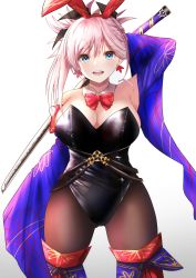 Rule 34 | 1girl, absurdres, animal ears, arm behind head, arm up, armpits, bare shoulders, black leotard, blue eyes, blue thighhighs, blush, breasts, brown thighhighs, detached collar, detached sleeves, earrings, fake animal ears, fate/grand order, fate (series), hair ornament, highleg, highleg leotard, highres, jewelry, katana, large breasts, layered legwear, leotard, lips, long hair, looking at viewer, miyamoto musashi (fate), miyamoto musashi (third ascension) (fate), nuts (hazel-nuts), open mouth, pantyhose, pink hair, playboy bunny, ponytail, rabbit ears, smile, solo, swept bangs, sword, thighhighs, weapon, wide sleeves
