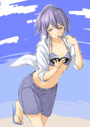 Rule 34 | 10s, 1girl, aoba (kancolle), beach, bikini, blue eyes, book, day, flip-flops, highres, kantai collection, leg up, niwatazumi, notebook, open clothes, open shirt, pen, ponytail, purple bikini, purple hair, sandals, scrunchie, shirt, shorts, simple background, sketch, sleeves rolled up, solo, swimsuit, tongue, tongue out, white shirt