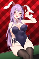 Rule 34 | 1girl, :d, animal ears, arm behind back, arm support, arm up, blush, bow, bowtie, breasts, cleavage, covered navel, detached collar, fellatio gesture, highres, large breasts, leotard, long hair, looking at viewer, open mouth, plaid, plaid background, purple hair, rabbit ears, red eyes, reisen udongein inaba, saliva, sitting, smile, solo, thighhighs, tongue, tongue out, touhou, very long hair, white wrist cuffs, wrist cuffs, xialuluo (sharuro)
