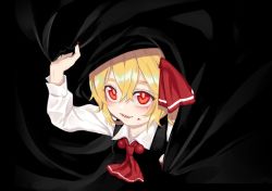 Rule 34 | 1girl, arm up, ascot, berabou, black background, black dress, blonde hair, blood, blood on face, collar, darkness, dress, hair between eyes, hair ribbon, hands up, highres, long sleeves, looking at viewer, looking up, nail polish, open mouth, red ascot, red eyes, red nails, red ribbon, ribbon, rumia, shirt, short hair, simple background, smile, solo, touhou, white shirt