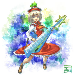 Rule 34 | 1girl, blonde hair, breasts, dress, grey eyes, hat, instrument, keyboard (instrument), large breasts, long sleeves, looking at viewer, lyrica prismriver, music, open mouth, playing instrument, red dress, shirt, smile, solo, touhou, umigarasu (kitsune1963)