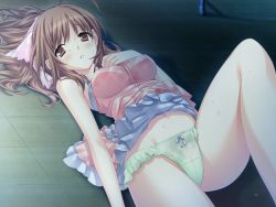 Rule 34 | 1girl, ahoge, bare shoulders, blush, breasts, brown eyes, brown hair, game cg, green panties, hinata terrace, impossible clothes, impossible shirt, long hair, lying, marui (koedame), official art, on back, panties, shirt, solo, underwear, wet, wet clothes, yaotome mai