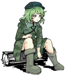 Rule 34 | 1girl, :o, blue hat, boots, brown footwear, camouflage, camouflage shirt, camouflage skirt, collared shirt, commentary request, flat cap, frilled shirt collar, frills, ginnkei, green eyes, green hair, green hat, green jacket, green skirt, hat, jacket, jewelry, key, key necklace, log, medium hair, necklace, pocket, shirt, simple background, sitting, skirt, solo, touhou, white background, yamashiro takane