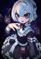 Rule 34 | 1girl, bat (animal), bat wings, black eyes, blood, blood bag, blush, brooch, buttons, commentary, dress, ear piercing, fang, frilled dress, frills, hair between eyes, hand on own chest, heart, heart brooch, highres, horns, jewelry, ketopon, long sleeves, looking at viewer, one-eyed, open mouth, original, piercing, pointy ears, short hair, skin fang, slit pupils, solo, symbol-only commentary, vampire, white hair, wings
