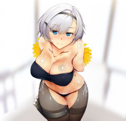 Rule 34 | 1girl, absurdres, amagasa higasa, arms behind back, azur lane, bare shoulders, black bra, black hairband, black panties, blush, bra, breasts, collarbone, cowboy shot, crotchless, crotchless pantyhose, gluteal fold, grey hair, groin, hair between eyes, hair ornament, hairband, hairclip, highres, holding, holding pom poms, large breasts, looking at viewer, midriff, navel, nose blush, panties, pantyhose, parted hair, pom pom (cheerleading), pom poms, reno (azur lane), shiny skin, short hair, side-tie panties, sidelocks, smile, solo, standing, sweat, taut clothes, thigh strap, thighband pantyhose, underwear, white background
