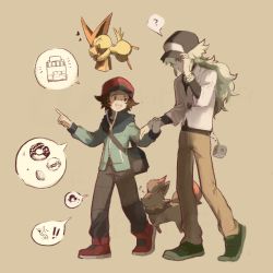 Rule 34 | 2boys, :d, puff of air, bag, baseball cap, brown hair, brown pants, closed eyes, collared shirt, commentary request, creatures (company), cube, floating, game freak, gen 5 pokemon, green footwear, green hair, grey headwear, hand on headwear, hat, heart, highres, hilbert (pokemon), holding another&#039;s wrist, jacket, legendary pokemon, long hair, male focus, multiple boys, mythical pokemon, n (pokemon), nintendo, open mouth, pants, paper bag, pointing, pokemon, pokemon (creature), pokemon bw, red footwear, red headwear, shirt, shoes, short hair, smile, sparkle, spoken object, teeth, tftf649e, tongue, upper teeth only, victini, white shirt, zorua