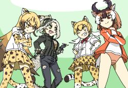 Rule 34 | 4girls, animal ears, animal print, black gloves, black hair, black pants, blonde hair, boots, bow, bowtie, breast pocket, breasts, brown eyes, brown hair, buruma, cheetah (kemono friends), cheetah ears, cheetah girl, cheetah print, cheetah tail, closed mouth, collared shirt, colored inner hair, crocodile girl, crocodilian tail, crossed arms, denim, elbow gloves, extra ears, eyelashes, eyeshadow, fang, feet out of frame, fingerless gloves, gloves, green eyes, green hair, green jacket, grin, hair between eyes, hand on own hip, hands on own hips, hands up, high ponytail, horizontal pupils, horns, jacket, jeans, kemono friends, kemono friends 2, leaning forward, legs apart, leopard (kemono friends), leopard ears, leopard girl, leopard print, leopard tail, light brown hair, long hair, long sleeves, looking at another, makeup, medium breasts, medium hair, miniskirt, multicolored hair, multiple girls, necktie, no bra, open clothes, open jacket, open mouth, orange buruma, orange jacket, pants, partially unzipped, pleated skirt, pocket, print gloves, print necktie, print skirt, print thighhighs, pronghorn (kemono friends), red bow, red bowtie, saltwater crocodile (kemono friends), shirt, short sleeves, skirt, slit pupils, smile, spiked jacket, spiked sleeves, spikes, sportswear, srd (srdsrd01), standing, tail, thighhighs, torn clothes, torn jeans, torn pants, track jacket, twintails, two-tone hair, very long hair, white hair, white shirt, wing collar, yellow eyes, zettai ryouiki, zipper, zipper pull tab
