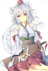 Rule 34 | 1girl, absurdres, animal ears, bare shoulders, biwa (masatyoru), breasts, detached sleeves, hat, highres, inubashiri momiji, pom pom (clothes), red eyes, short hair, silver hair, simple background, solo, sword, tail, tokin hat, touhou, weapon, white background, wide sleeves, wolf ears, wolf tail