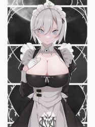 Rule 34 | 1girl, apron, black background, black dress, blue eyes, breast suppress, breasts, cleavage, closed mouth, cowboy shot, denken, detached collar, dress, earrings, gloves, highres, jewelry, juliet sleeves, large breasts, long sleeves, looking at viewer, maid, maid apron, maid headdress, original, puffy sleeves, ribbon trim, short hair, silver hair, smile, solo, straight-on, white apron, white gloves