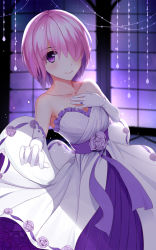 Rule 34 | 1girl, alternate costume, bare shoulders, blue eyes, blush, breasts, cleavage, closed mouth, collarbone, dress, elbow gloves, fate/grand order, fate (series), female focus, formal, gloves, hair over one eye, hand on own chest, highres, indoors, jewelry, light purple hair, mash kyrielight, matthew kyrielite, medium breasts, neck, night, purple eyes, ring, shade, short hair, smile, solo, standing, strapless, strapless dress, type-moon, white dress, white gloves, window