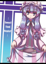 Rule 34 | 1girl, akiyasu, book, bow, crescent, dress, female focus, hat, mob cap, patchouli knowledge, pink bow, solo, striped clothes, striped dress, touhou, touhuya, vertical stripes