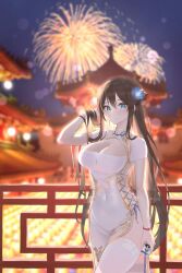Rule 34 | 1girl, absurdres, artist request, blue eyes, breasts, brown hair, cleavage, commission, cowboy shot, dress, fireworks, highres, large breasts, long hair, looking at viewer, night, night sky, original, railing, second-party source, short sleeves, sky, solo, standing, thighhighs, thighs, very long hair, white dress, white thighhighs