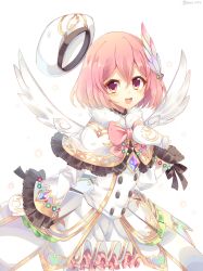 Rule 34 | 1girl, bow, dress, frilled dress, frills, gem, gloves, hand on own chest, hat, unworn hat, unworn headwear, jewelry, long dress, long sleeves, open mouth, original, pink eyes, pink hair, rento (rukeai), ribbon, short hair, smile, solo, winged hair ornament, wings