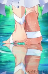 Rule 34 | 1girl, alternate costume, arched soles, artist name, asuna (sao), bandaged foot, bandages, barefoot, day, dress, facing away, fairy, feet, feet only, foot focus, forest, from behind, heel up, heels, highres, huge filesize, kanden-rem, legs, light particles, light rays, long image, lower body, nature, official alternate costume, outdoors, reflection, reflective water, soles, standing, standing on liquid, sunlight, sword art online, tall image, titania (sao), toenails, toes, tree, water, water drop, wet, white dress
