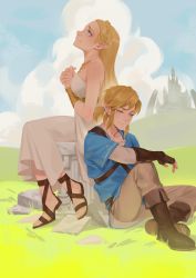 Rule 34 | 1boy, 1girl, arm guards, back-to-back, bare arms, bare shoulders, blonde hair, blue eyes, blue tunic, boots, bracer, braid, breasts, brown footwear, brown gloves, castle, closed mouth, cloud, cloudy sky, crown braid, day, dress, earrings, elf, fingerless gloves, gloves, gold necklace, grass, grey pants, grey shirt, half-closed eyes, head back, highres, jewelry, knee up, light brown hair, link, long dress, long hair, looking down, looking up, low ponytail, medium breasts, neck, necklace, nintendo, outdoors, own hands clasped, own hands together, pants, parted bangs, pointy ears, princess zelda, rachel huey, sandals, shirt, short hair, short ponytail, sidelocks, sitting, sky, smile, straight hair, strapless, strapless dress, the legend of zelda, the legend of zelda: breath of the wild, thick eyebrows, white dress