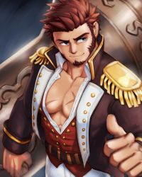 Rule 34 | 1boy, abs, bara, beard, blue eyes, brown hair, collared jacket, epaulettes, facial hair, fate/grand order, fate (series), highres, huge weapon, jacket, long sideburns, long sleeves, looking to the side, male focus, military, military uniform, mondoart, muscular, napoleon bonaparte (fate), pants, pectorals, scar, sideburns, simple background, smile, solo, thumbs up, uniform, weapon