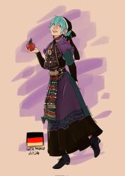 1girl :d apple arm_behind_back black_dress commentary corax_corvidae dress english_commentary food fruit full_body german_clothes german_flag hand_up hatsune_miku highres holding holding_food holding_fruit long_sleeves open_mouth smile solo standing vocaloid