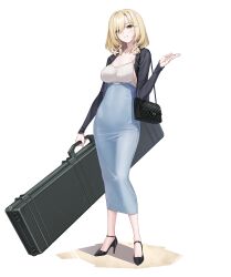 Rule 34 | 1girl, absurdres, agnes abigail, bag, black bag, black footwear, blonde hair, blue skirt, blush, breasts, commentary, controlline3, counter:side, green eyes, hair over one eye, hand up, handbag, high-waist skirt, high heels, highres, holding case, long sleeves, looking at viewer, medium breasts, medium hair, pencil skirt, ribbed shirt, shirt, shoulder bag, simple background, skirt, smile, standing, stiletto heels, strappy heels, taut clothes, taut skirt, weapon case, white background