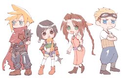 Rule 34 | 2boys, 2girls, aerith gainsborough, baggy pants, bangle, bare shoulders, belt, black footwear, black hair, blonde hair, blue eyes, blue pants, boots, bracelet, braid, braided ponytail, breasts, brown eyes, brown footwear, brown gloves, brown hair, chibi, choker, cid highwind, clawed gauntlets, cloak, closed mouth, cloud strife, colored sclera, crop top, crossed arms, dress, earrings, facial hair, final fantasy, final fantasy vii, fingerless gloves, fishnet armwear, frown, full body, gloves, goggles, goggles on head, green eyes, green shirt, hair ribbon, hair slicked back, hand on own chest, hand on own hip, headband, holding, holding shuriken, holding weapon, jewelry, kingdom hearts, long hair, loose belt, medium breasts, midriff, multiple belts, multiple boys, multiple girls, nitoya 00630a, official alternate costume, open mouth, pants, parted bangs, pink dress, pink ribbon, purple belt, red cloak, ribbon, ribbon choker, shirt, short hair, short shorts, short sleeves, shorts, shuriken, sidelocks, single braid, single earring, single shoulder pad, sleeveless, sleeveless dress, smile, spiked hair, square enix, strapless, stubble, swept bangs, t-shirt, toothpick, torn clothes, tube top, v-shaped eyebrows, wavy hair, weapon, white background, white shirt, yellow belt, yellow sclera, yellow shorts, yuffie kisaragi