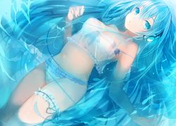 Rule 34 | 1girl, aqua eyes, aqua hair, bare shoulders, bikini, black ribbon, blue one-piece swimsuit, blue panties, blue theme, bow, bow panties, breasts, bridal garter, cable, camisole, cleavage, dutch angle, frilled panties, frilled swimsuit, frills, hair between eyes, hand up, headphones, large breasts, leg ribbon, long hair, looking at viewer, midriff, navel, one-piece swimsuit, original, panties, parted lips, partially submerged, ribbon, see-through, solo, strap slip, swimsuit, thigh ribbon, thighs, tlla, underwear, very long hair, water, water surface, white bikini, white panties