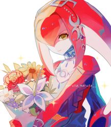 Rule 34 | 1girl, bouquet, colored skin, fins, fish girl, flower, head fins, highres, holding, holding bouquet, jewelry, looking at viewer, maruta maruta, mipha, monster girl, multicolored skin, neck ring, nintendo, one eye covered, red flower, red hair, red skin, silent princess, smile, solo, sparkle, the legend of zelda, the legend of zelda: breath of the wild, twitter username, two-tone skin, upper body, white background, white skin, yellow eyes, yellow flower, zora