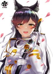 Rule 34 | 1girl, animal ears, atago (azur lane), azur lane, black hair, blush, breasts, brown eyes, character name, artistic error, extra digits, extra ears, glint, gloves, hair ribbon, highres, holding, holding sword, holding weapon, jacket, kagiyama (clave), katana, large breasts, long hair, long sleeves, looking at viewer, mole, mole under eye, open mouth, petals, ribbon, smile, solo, swept bangs, sword, uniform, weapon, white gloves, white jacket, white ribbon, wind