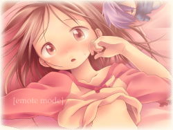 Rule 34 | 1girl, bed, bed sheet, blush, brown eyes, brown hair, clothes lift, collarbone, eyebrows, from above, highres, kiririn, looking at viewer, lying, medium hair, on back, on bed, open mouth, original, pajamas, pillow, shirt, shirt lift, solo, sweatdrop, wallpaper