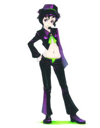 Rule 34 | 1girl, black hair, contrapposto, full body, hand on own hip, hat, legs apart, long sleeves, looking at viewer, midriff, navel, pants, purple eyes, shoes, simple background, solo, standing, stomach, top hat, underwear, weno