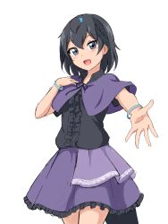 Rule 34 | 1girl, :d, absurdres, black eyes, black hair, black skirt, capelet, center frills, commentary, cowboy shot, frilled skirt, frills, hair between eyes, hand on own chest, head wings, highres, kemono friends, looking at viewer, open mouth, purple capelet, purple skirt, shiraha maru, short hair, short sleeves, simple background, sketch, skirt, smile, solo, superb bird-of-paradise (kemono friends), tail, white background, wings