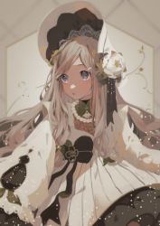 Rule 34 | 1girl, absurdres, blush, bonnet, brown hair, dress, eri (vtuber), eyebrows hidden by hair, flower, grey background, grey eyes, hat, hat flower, highres, indie virtual youtuber, jewelry, lolita fashion, long hair, looking to the side, necklace, parted lips, pearl necklace, sakai eri (illustratoreri), solo, virtual youtuber, white dress, white flower, white hat