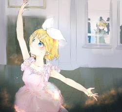 Rule 34 | 1boy, 1girl, bag, ballerina, ballet, blonde hair, blue eyes, blush, bow, cabbie hat, collarbone, dancing, dress, focused, frilled dress, frills, grey headwear, groceries, grocery bag, hair bow, hair ornament, hairclip, hand up, hat, highres, holding, holding bag, kagamine len, kagamine rin, looking inside, pantyhose, pink dress, practicing, shopping bag, sketch, sleeveless, sleeveless dress, sweatdrop, tutu, vocaloid, white bow, window, wooden floor, yonikki
