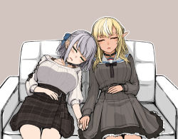 Rule 34 | 2girls, black choker, blonde hair, breasts, choker, closed eyes, couch, hand on own stomach, holding hands, hololive, large breasts, leaning on person, medium breasts, multiple girls, open mouth, pointy ears, sailor collar, sazare (sazare az), shiranui flare, shiranui flare (street), shirogane noel, shirogane noel (casual), silver hair, sitting, sleeping, sweater, sweater tucked in, virtual youtuber, yuri