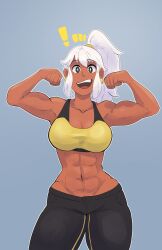 Rule 34 | 1girl, abs, absurdres, biceps, black eyes, black pants, borrowed character, breasts, bright pupils, cleavage, clenched hands, commentary, cowboy shot, dark-skinned female, dark skin, earrings, english commentary, grey background, highres, hisian mix, jewelry, large breasts, looking at viewer, mia (scott malin), muscular, muscular female, navel, original, outline, pants, ponytail, sidelocks, simple background, solo, sports bra, white hair, white outline, white pupils, yellow sports bra