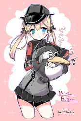 Rule 34 | 10s, 1girl, anchor hair ornament, artist name, black skirt, blue eyes, carrying, character name, cropped legs, cross, failure penguin, gloves, hair ornament, hat, iron cross, kantai collection, military, military hat, military uniform, miniskirt, pikazo, pleated skirt, prinz eugen (kancolle), skirt, sweat, twintails, uniform, white gloves