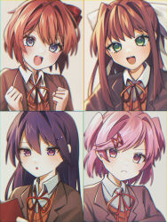 Rule 34 | 4girls, :&lt;, :d, :o, ap51, blazer, blue eyes, blurry, blurry background, blush, bob cut, book, bow, brown hair, brown jacket, brown sweater vest, clenched hands, close-up, closed mouth, commentary, doki doki literature club, dress shirt, excited, green eyes, hair between eyes, hair bow, hair intakes, hair ornament, hair ribbon, hairclip, hands on own chest, highres, holding, holding book, jacket, long hair, looking at viewer, looking away, monika (doki doki literature club), multiple girls, natsuki (doki doki literature club), neck ribbon, open mouth, parted lips, pink hair, portrait, purple eyes, purple hair, raised eyebrow, reading, red bow, red ribbon, ribbon, sayori (doki doki literature club), school uniform, shirt, short hair, sidelocks, smile, sweater vest, swept bangs, teeth, two side up, upper teeth only, white ribbon, white shirt, x hair ornament, yuri (doki doki literature club)