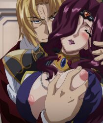 1boy 1girl absurdres anime_screenshot blonde_hair breasts closed_eyes grabbing_another&#039;s_breast grabbing_from_behind groping hetero high_school_dxd highres jewelry large_breasts lipstick long_hair makeup nipples purple_hair riser_phenex stitched tagme third-party_edit yubelluna