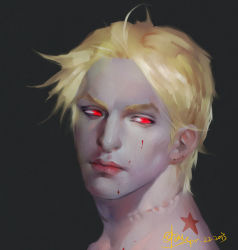 Rule 34 | 1boy, bad id, bad pixiv id, birthmark, blonde hair, dated, dio brando, emg (christain), jojo no kimyou na bouken, male focus, manly, realistic, red eyes, signature, solo, star (symbol), stitches