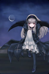Rule 34 | 00s, goth fashion, hairband, lolita fashion, long hair, pink eyes, red eyes, rozen maiden, silver hair, simple background, solo, suigintou, wings