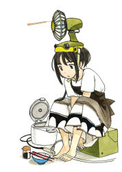 Rule 34 | 1girl, akai sashimi, apron, arms between legs, barefoot, black apron, black eyes, black hair, bowl, box, cable, chopsticks, closed mouth, dress, electric fan, expressionless, full body, looking away, object on head, on box, original, ponytail, rice cooker, short hair, short sleeves, sidelocks, simple background, sitting, solo, soy sauce, white background, white dress