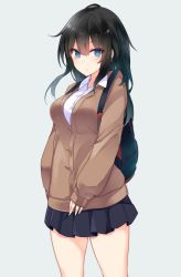 Rule 34 | 1girl, backpack, bad id, bad twitter id, bag, black hair, black skirt, blue eyes, breasts, brown jacket, closed mouth, collared shirt, cowboy shot, grey background, highres, jacket, long hair, looking at viewer, medium breasts, original, pleated skirt, school uniform, shirt, simple background, skirt, solo, standing, suruga (xsurugax), white shirt, wing collar