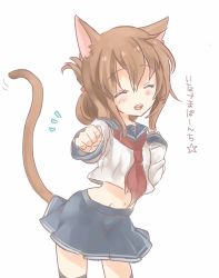 Rule 34 | 10s, 1girl, animal ears, brown hair, cat ears, cat tail, folded ponytail, highres, inazuma (kancolle), kantai collection, kemonomimi mode, long hair, maryquant, midriff, navel, personification, pleated skirt, school uniform, serafuku, skirt, solo, tail, translated