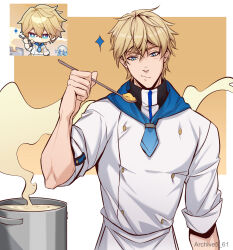 Rule 34 | 1boy, :/, alternate costume, archive5 61, blonde hair, blue eyes, chef, chibi, chibi inset, closed mouth, commentary, cooking, english commentary, frying pan, gepard landau, highres, holding, holding spoon, honkai: star rail, honkai: star rail sticker redraw (meme), honkai (series), looking at object, male focus, meme, short hair, smoke, solo, spoon, star (symbol), twitter username, upper body