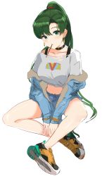 Rule 34 | 1girl, blush, breasts, fire emblem, fire emblem: the blazing blade, food, green eyes, green hair, high ponytail, highres, jacket, large breasts, long hair, looking at viewer, lyn (fire emblem), navel, nintendo, ormille, ponytail, popsicle, shorts, simple background, sitting, solo, streetwear, very long hair, white background