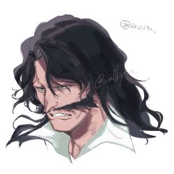 Rule 34 | 1boy, black hair, bleach, bleach: sennen kessen-hen, close-up, commentary request, facial hair, highres, lips, long hair, looking afar, mustache, nose, old, old man, ovasayuri, parted bangs, parted lips, simple background, solo, translation request, twitter username, white background, yhwach