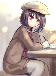 Rule 34 | 1girl, black hair, brown coat, brown hat, brown skirt, cabbie hat, coat, commentary request, feet out of frame, forbidden scrollery, fuepo, hand up, hat, head rest, head tilt, highres, holding, holding pen, long sleeves, looking at viewer, miniskirt, necktie, paper, pen, red eyes, red necktie, shameimaru aya, shameimaru aya (newsboy), short hair, sitting, sketch, skirt, smile, solo, table, touhou