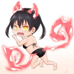 Rule 34 | 1girl, ass, back, barefoot, beige background, bikini, black bikini, black hair, blush, breasts, chibi, en&#039;en no shouboutai, eyebrows hidden by hair, facing viewer, fiery ears, fiery tail, fire, from behind, fujito (call f ), full body, gradient background, hair between eyes, highres, looking at viewer, medium breasts, midriff, no jacket, no pants, no shoes, open mouth, outline, paw pose, sidelocks, signature, simple background, solo, swimsuit, tail, tamaki kotatsu, tears, two side up, wavy mouth, white background, yellow eyes