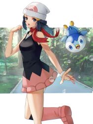 Rule 34 | :d, beanie, blue eyes, blue hair, boots, creatures (company), dawn (pokemon), dress, game freak, gen 4 pokemon, hair ornament, hairclip, hat, highres, long hair, looking at viewer, nintendo, open mouth, piplup, pokemon, pokemon dppt, red scarf, scarf, short dress, sleeveless, sleeveless dress, smile, yamamori kinako
