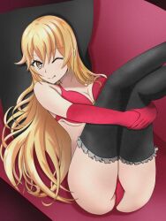Rule 34 | 1girl, :p, alternate costume, black thighhighs, blonde hair, bra, breasts, commentary request, couch, donna, elbow gloves, feet out of frame, female focus, frilled thighhighs, frills, gloves, hair between eyes, highres, hugging own legs, indoors, large breasts, legs up, long hair, looking at viewer, on couch, one eye closed, panties, reclining, red bra, red gloves, red panties, shokuhou misaki, sitting, smile, solo, sparkling eyes, thighhighs, toaru kagaku no mental out, toaru kagaku no railgun, toaru majutsu no index, tongue, tongue out, underwear, yellow eyes